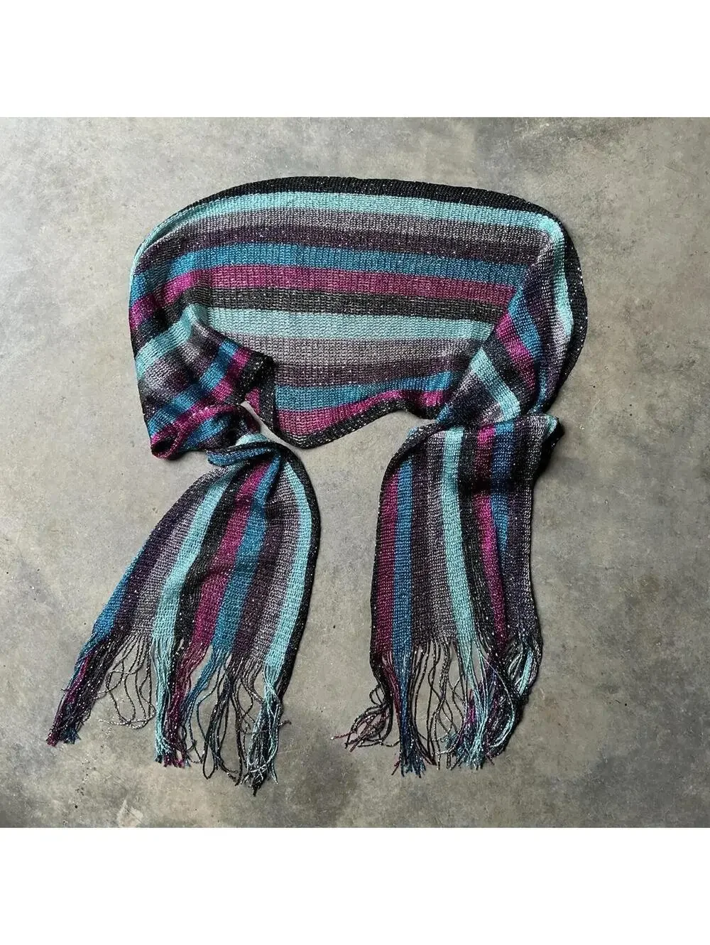 Y2K Metallic Striped Fringe Scarf | Fairy Grunge Boho Knit Wrap | 2000s
